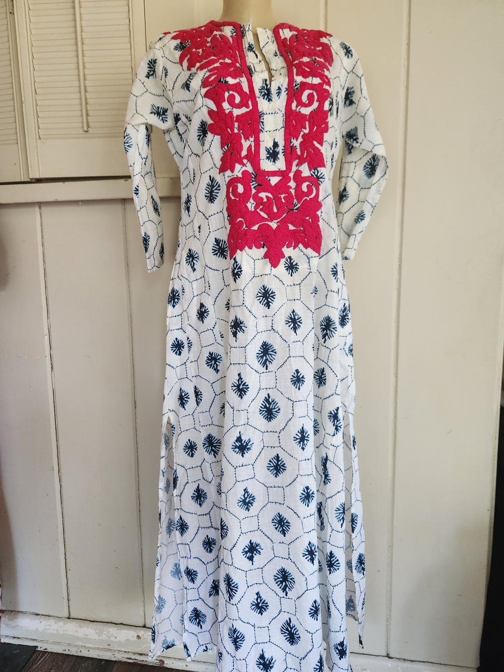 Roberta Roller Rabbit White Maxi Dress with Navy Motif and Pink Embroidery